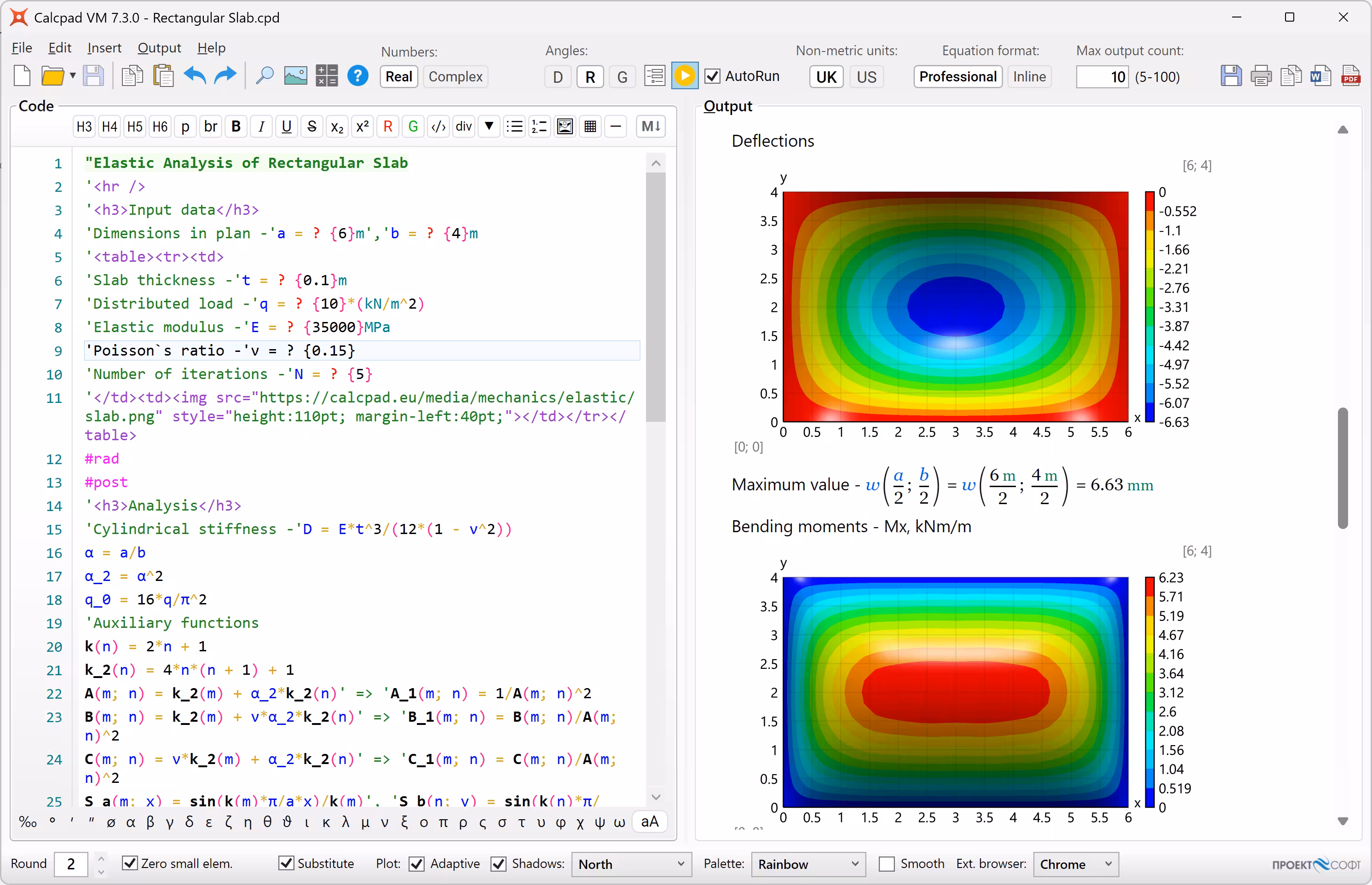 CalcpadCE showing an elastic slab analysis with code on the left and rendered output with deflection and bending moment plots on the right